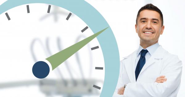 A doctor with arms crossed next to a speed gauge